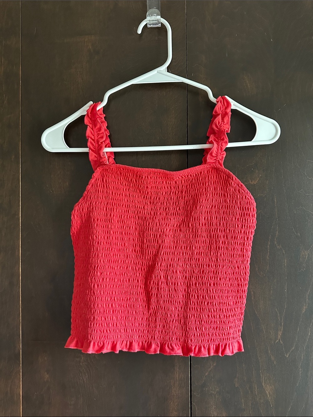 SO Coral Red Smocked Ruffle Strap Crop Top